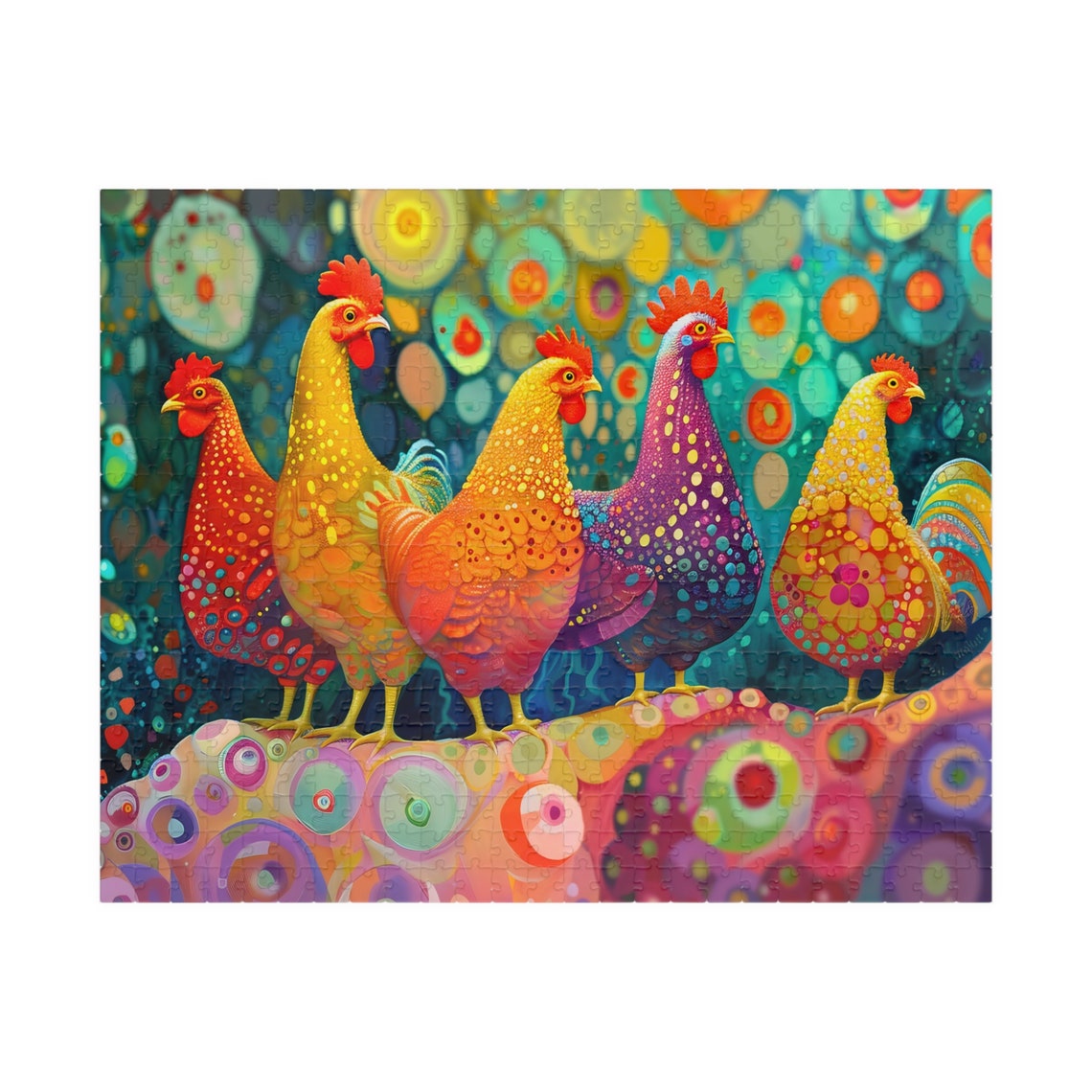 Five Whimsical Multicolored Chickens Bold Pop Art Scene Poster - Image 5