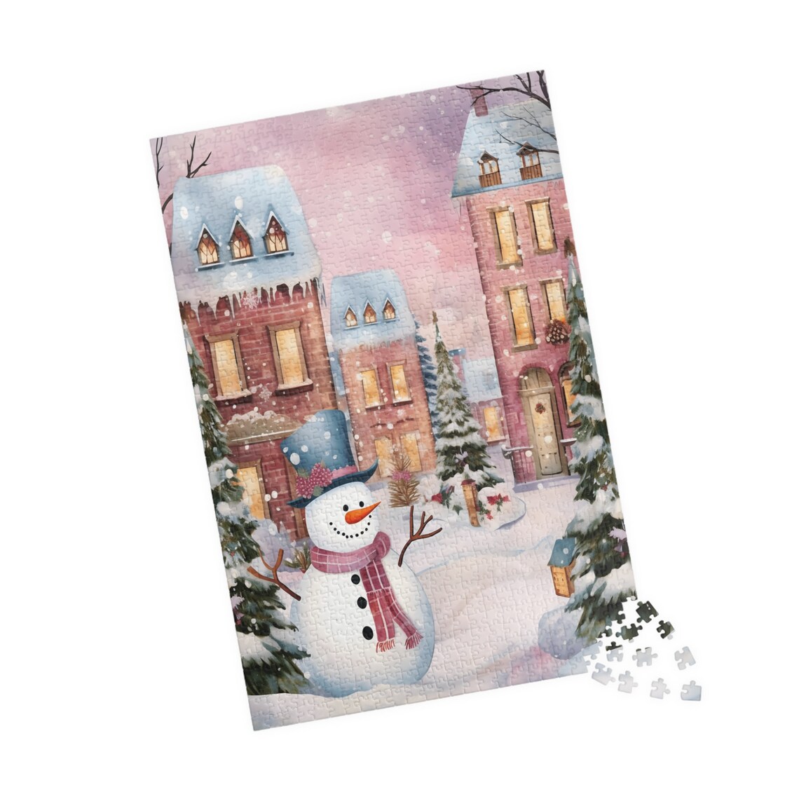 Cheerful Snowman in a Cozy Snowy Christmas Town Street Poster - Image 3