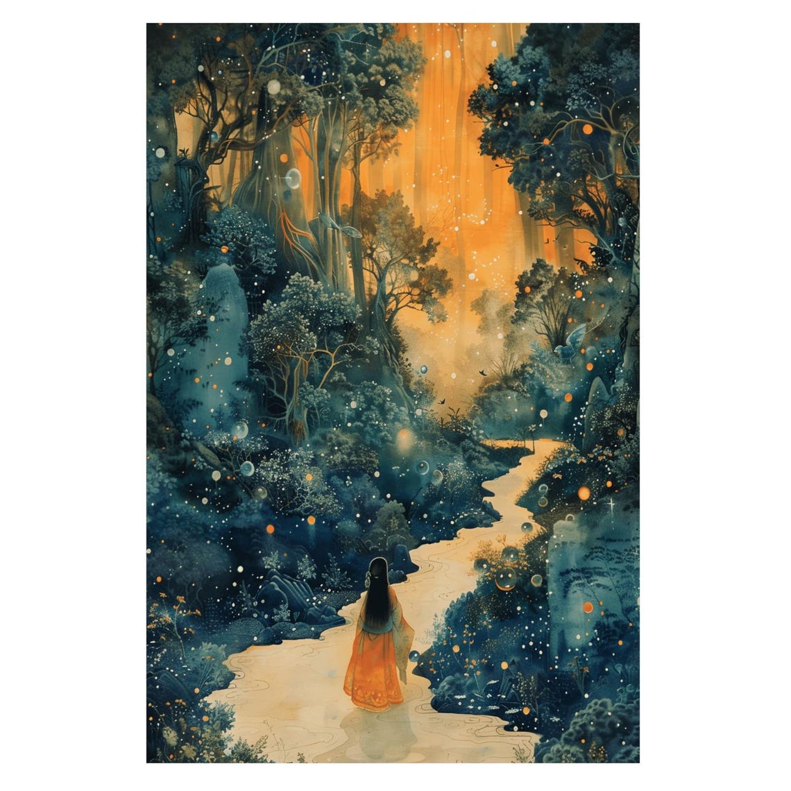 A Lonely Woman Walking Toward a Glowing Forest Light at Dusk Poster - Image 4