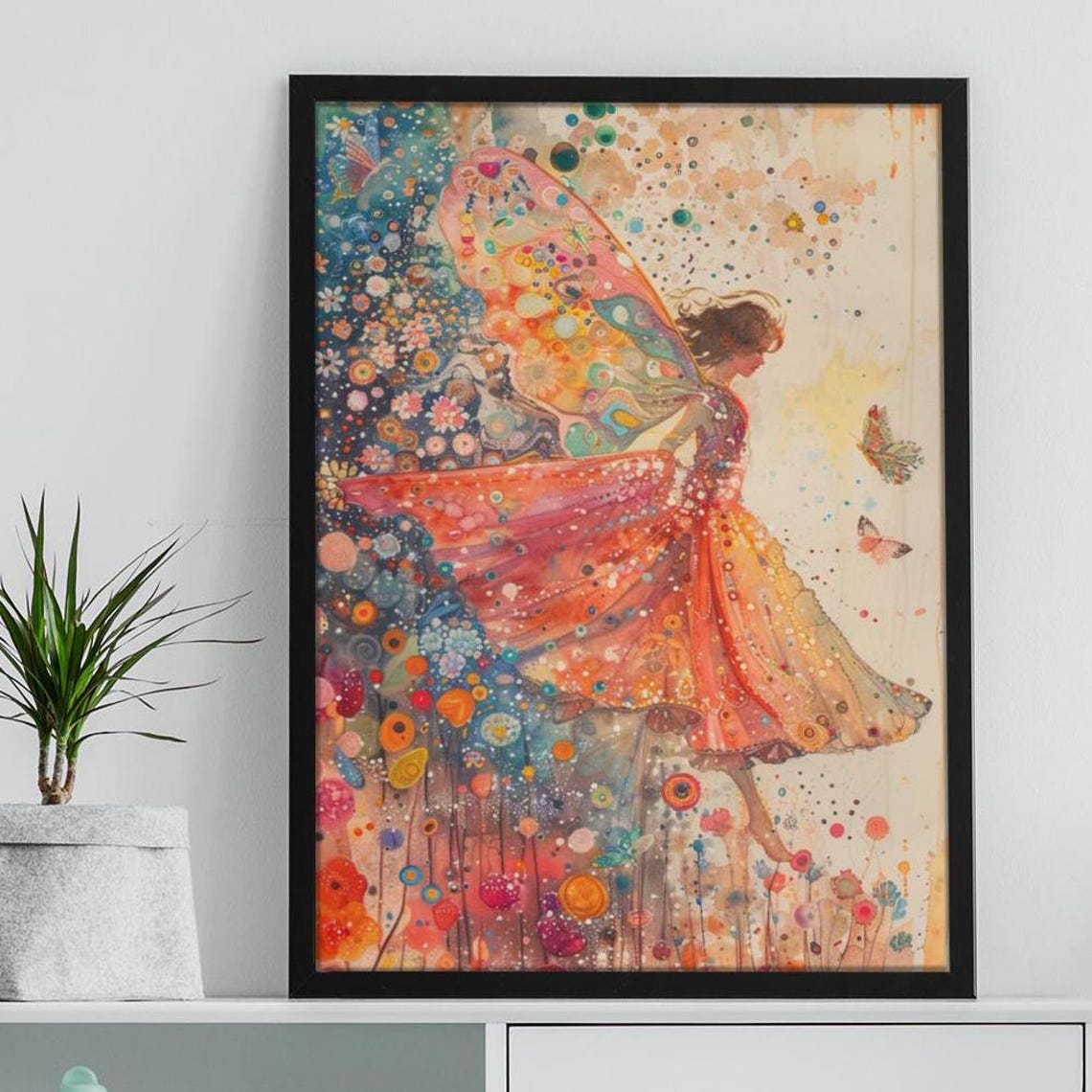 Spring Fairy Dancing with Butterfly Wings in a Flower Garden Poster