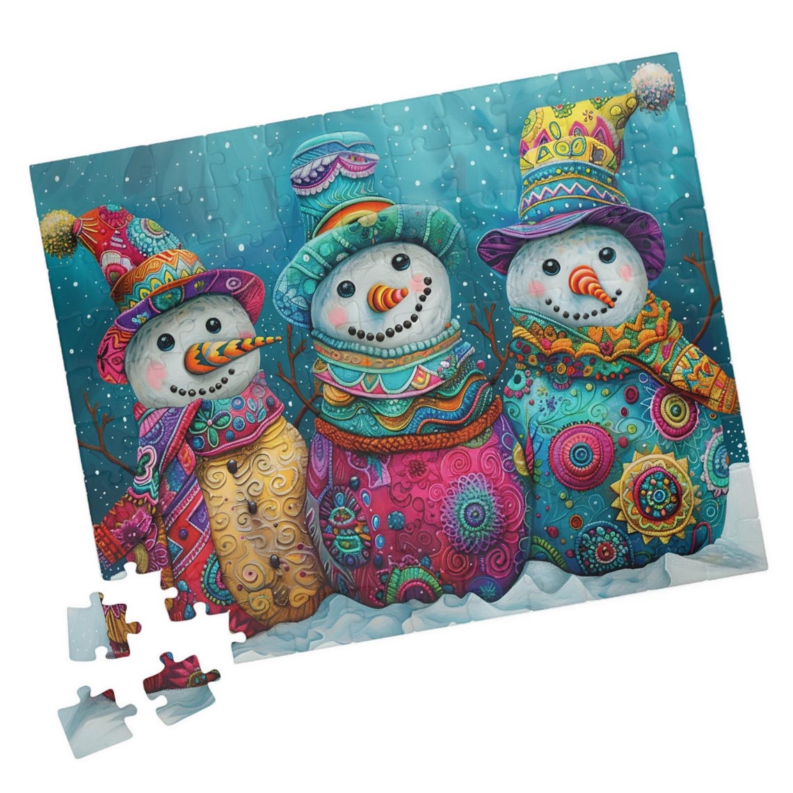 Three Whimsical Snowmen Friends in Colorful Patterned Scarves Poster