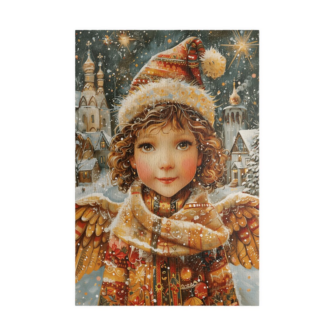 Winter Angel Child Curly Hair Knit Hat Golden Wings Snow Poster - Image 3