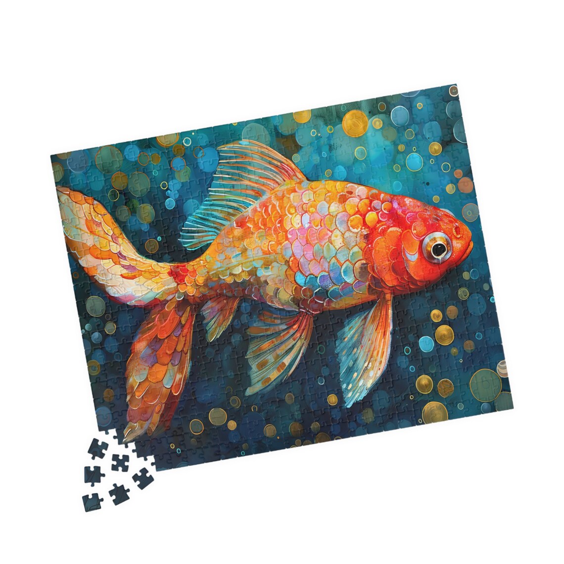 Bright Orange and White Goldfish Swimming in Underwater Bubbles Poster - Image 4