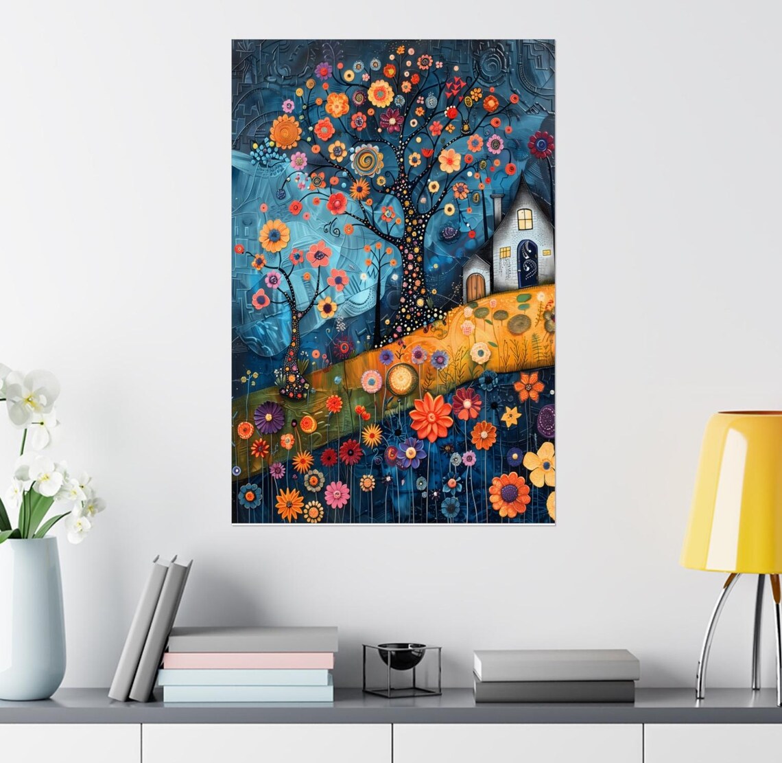 Folk Art Floral Tree by the Farmhouse Cottage at Night Art Print