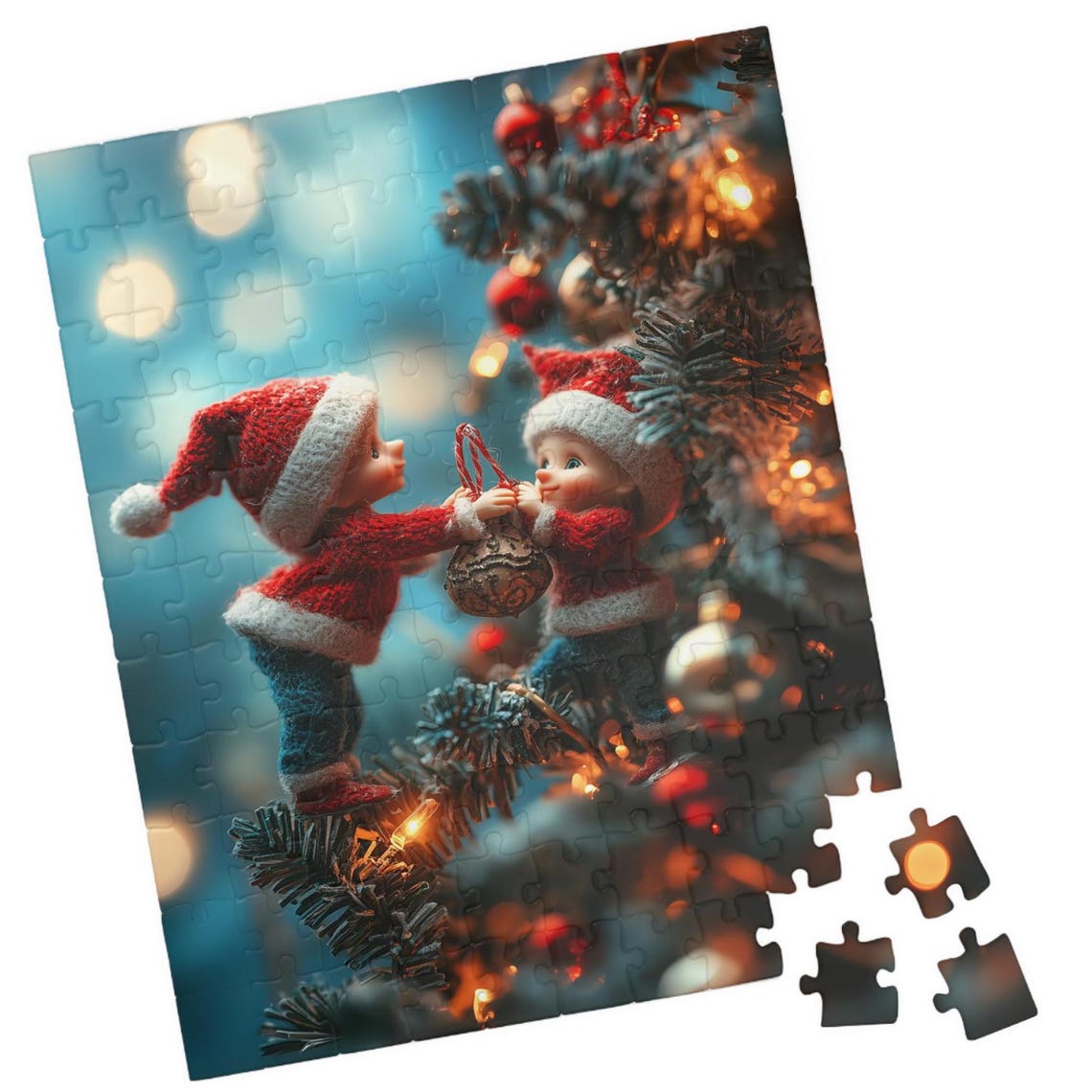 Two Tiny Knit Elves Hanging A Christmas Ornament On A Tree Print