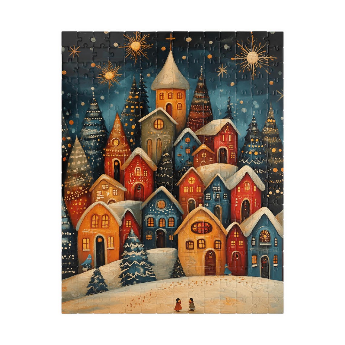 Starry Night Folk Art Village With Church and Glowing Windows Poster - Image 5