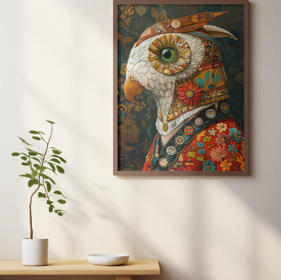 Ornate White Owl Portrait Wearing a Floral Patterned Coat Poster - Image 3