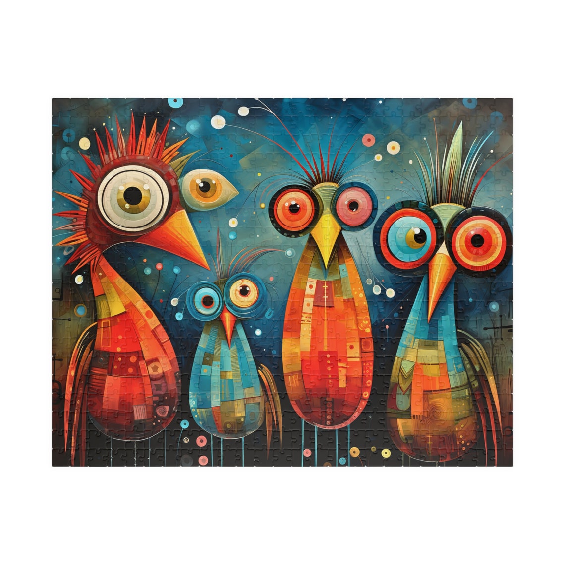 Four Silly Colorful Birds With Huge Googly Eyes Abstract Mosaic Poster - Image 5