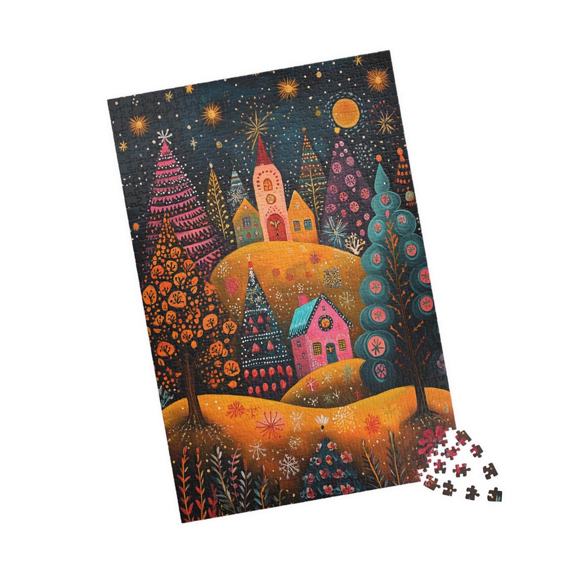 Mountain Village Under Starry Sky Whimsical Night Lights Folk Poster - Image 4