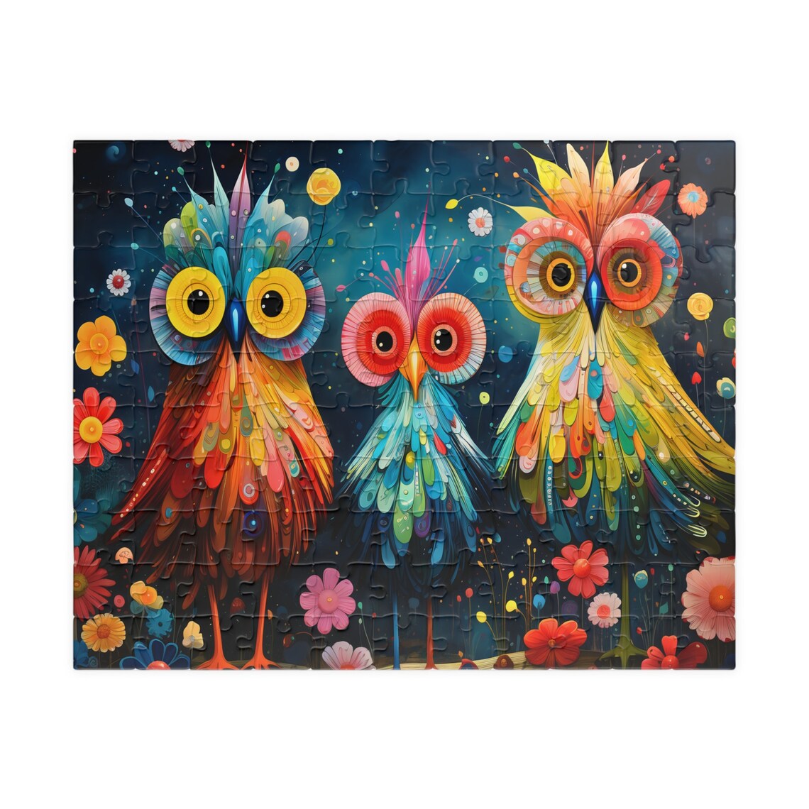 Three Whimsical Colorful Owls Fantasy Night Bird Scene Poster - Image 2
