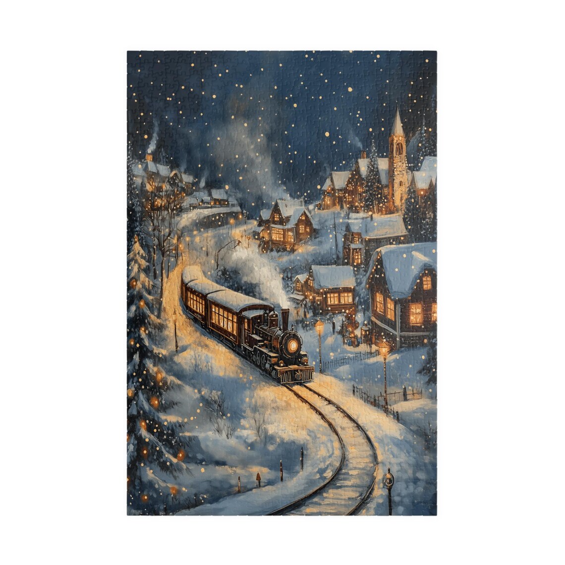 Steam Train Winding Through A Snowy Village At Night Art Poster - Image 3