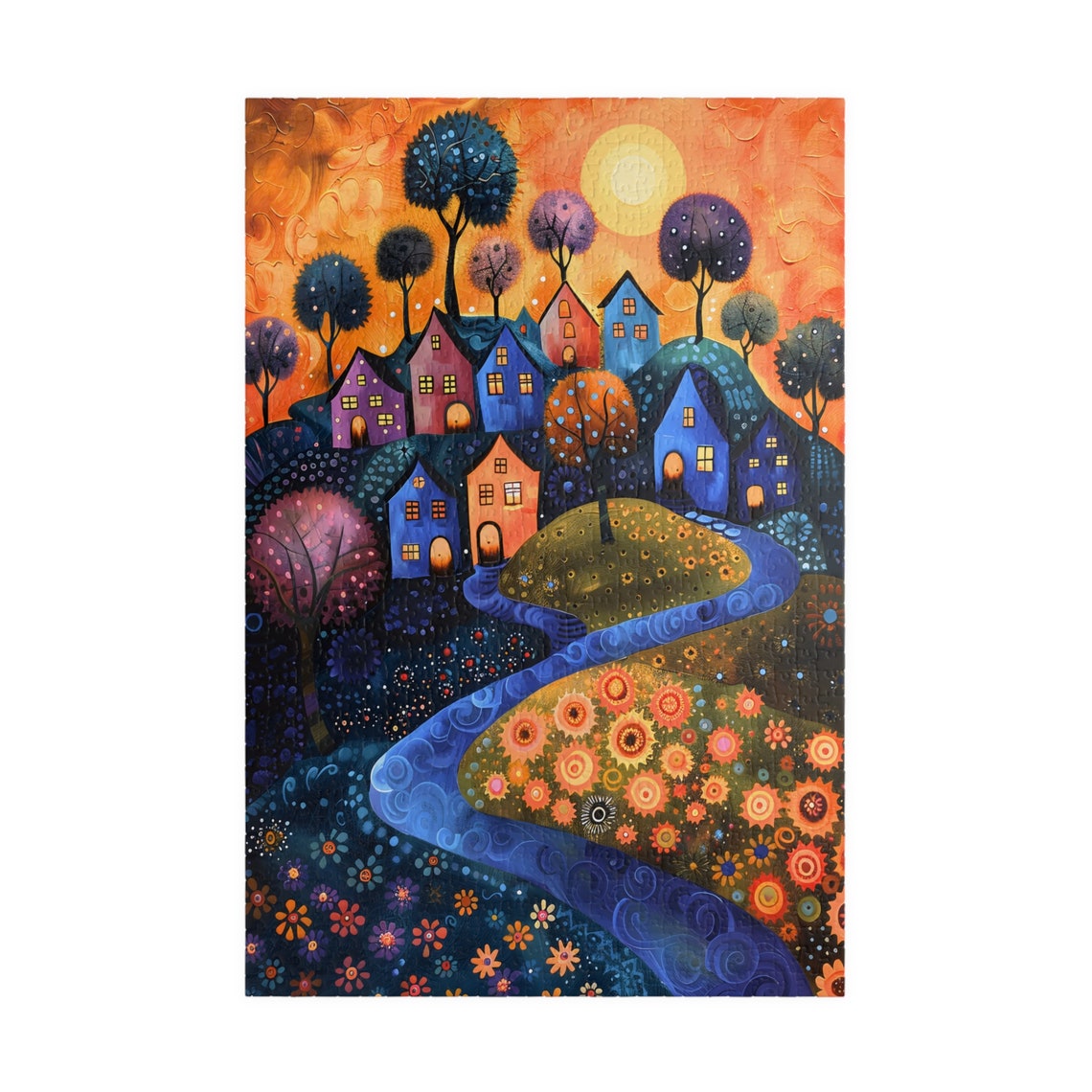 Whimsical Folk Art Village at Sunset with River and Flowers Poster - Image 3