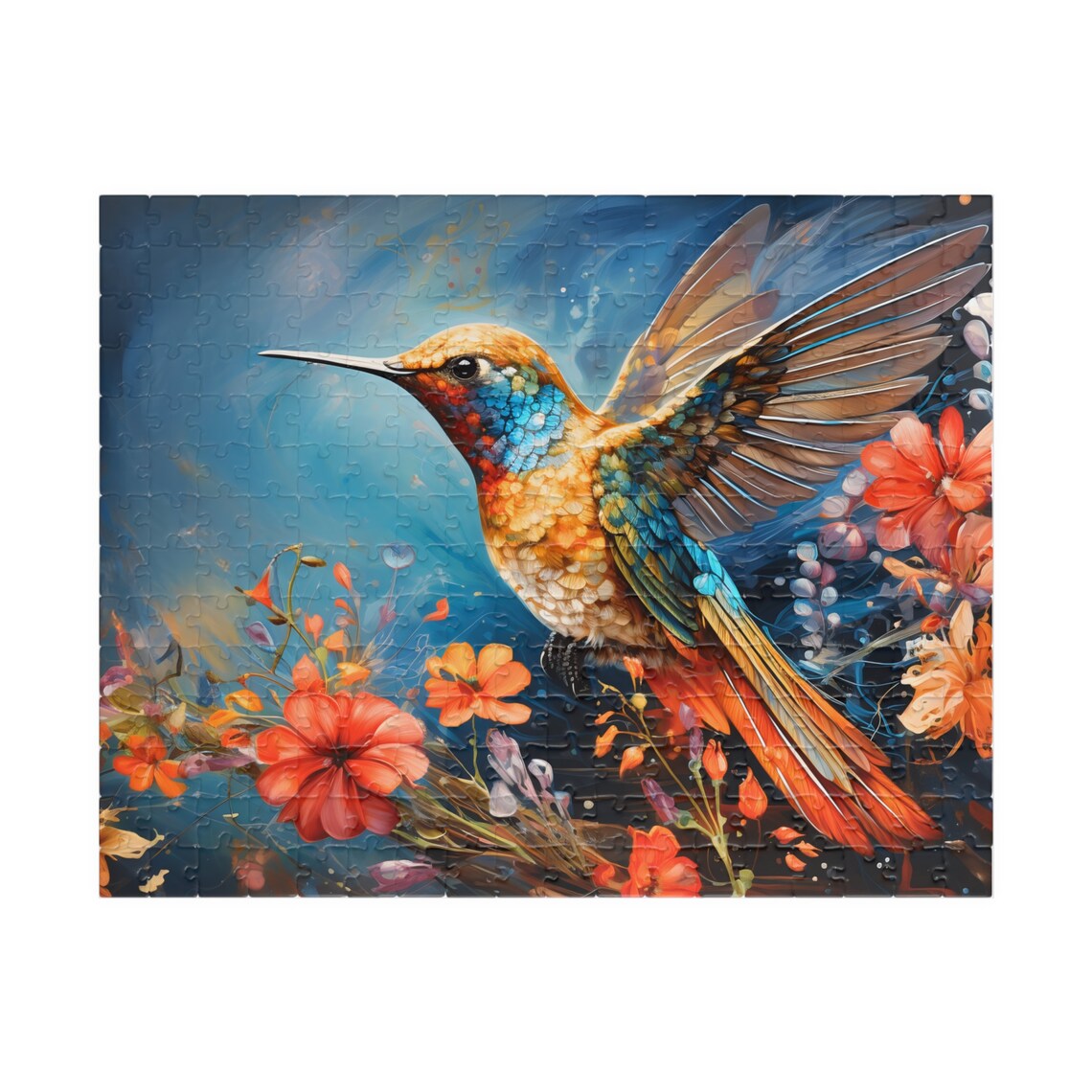 Colorful Hummingbird in Flight Among Vivid Red Flowers Poster - Image 2