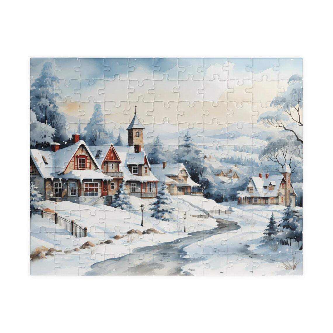 Snowy Suburban Street Watercolor Winter Village Calm Scene Poster - Image 5
