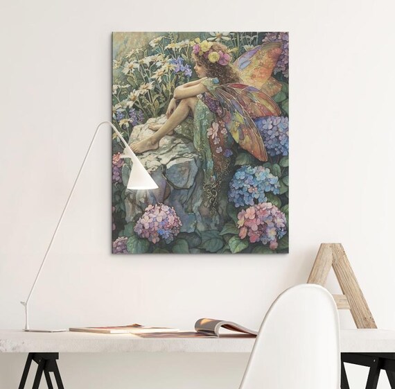 Fairy Resting on Rock Hydrangeas Rainbow Wings Floral Art Poster