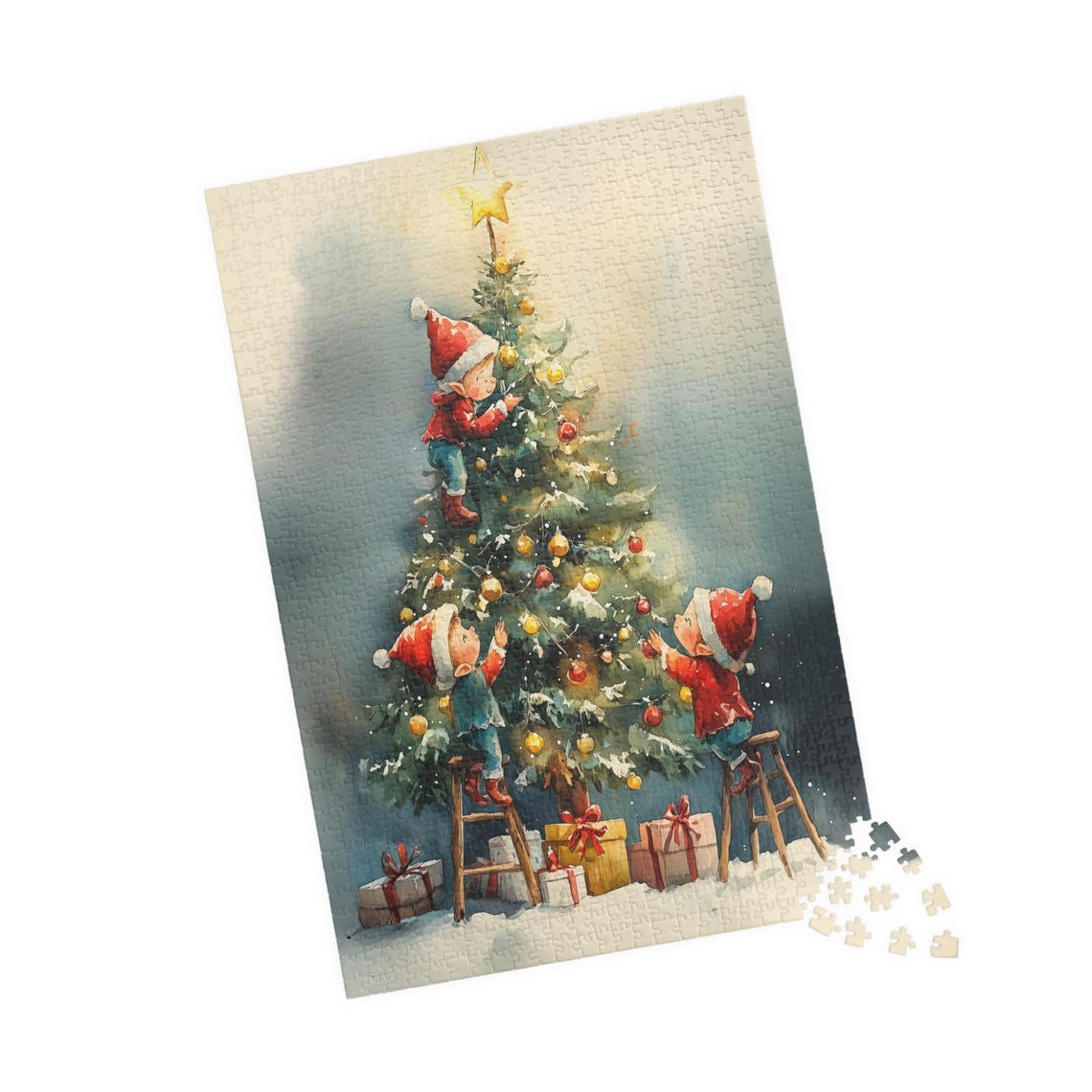 Three Children Decorating A Tall Christmas Tree Watercolor Poster - Image 4