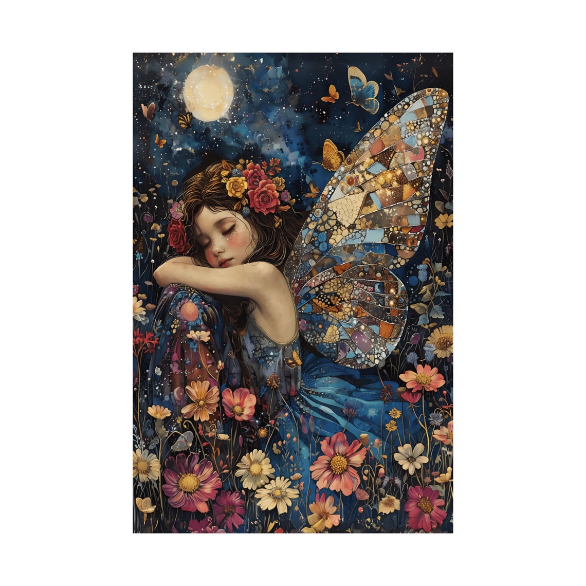 Dreaming Fairy with Mosaic Wings Sleeping among Night Flowers Poster - Image 3
