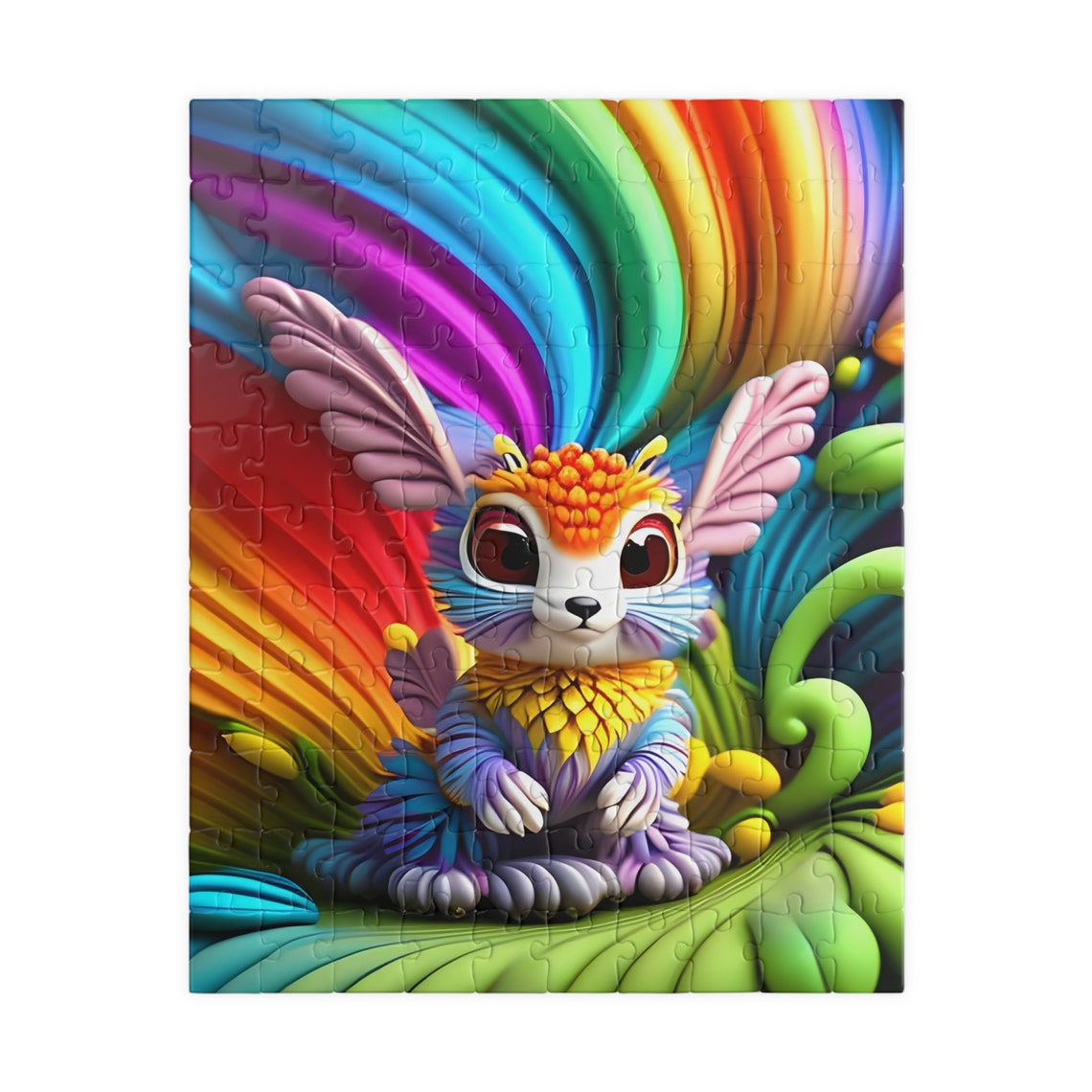 Diversa Rainbow Feather Fantasy Bunny Sitting on Green Leaf Poster - Image 2