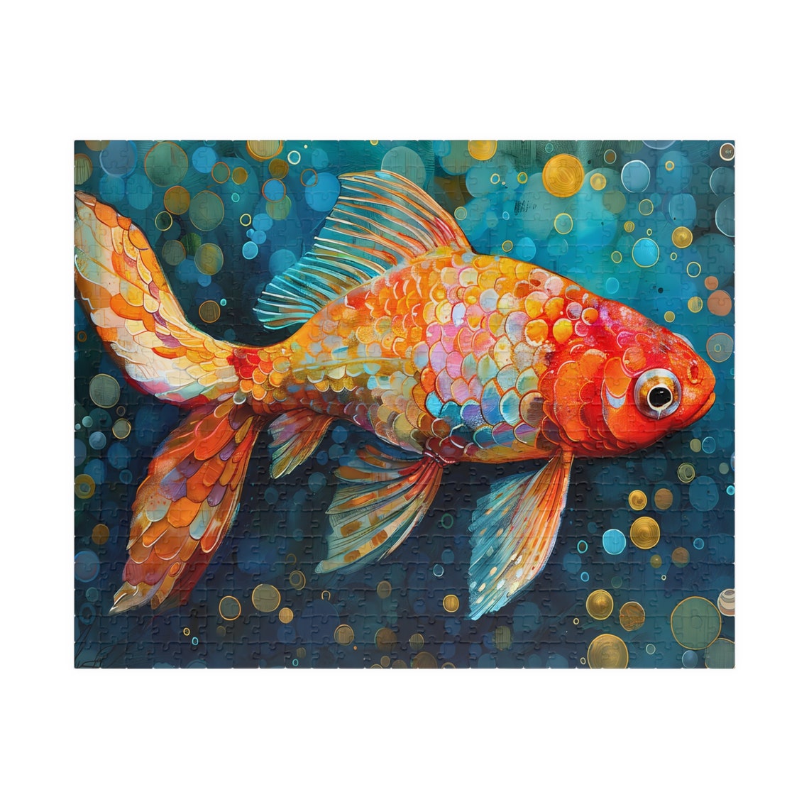 Bright Orange and White Goldfish Swimming in Underwater Bubbles Poster - Image 5
