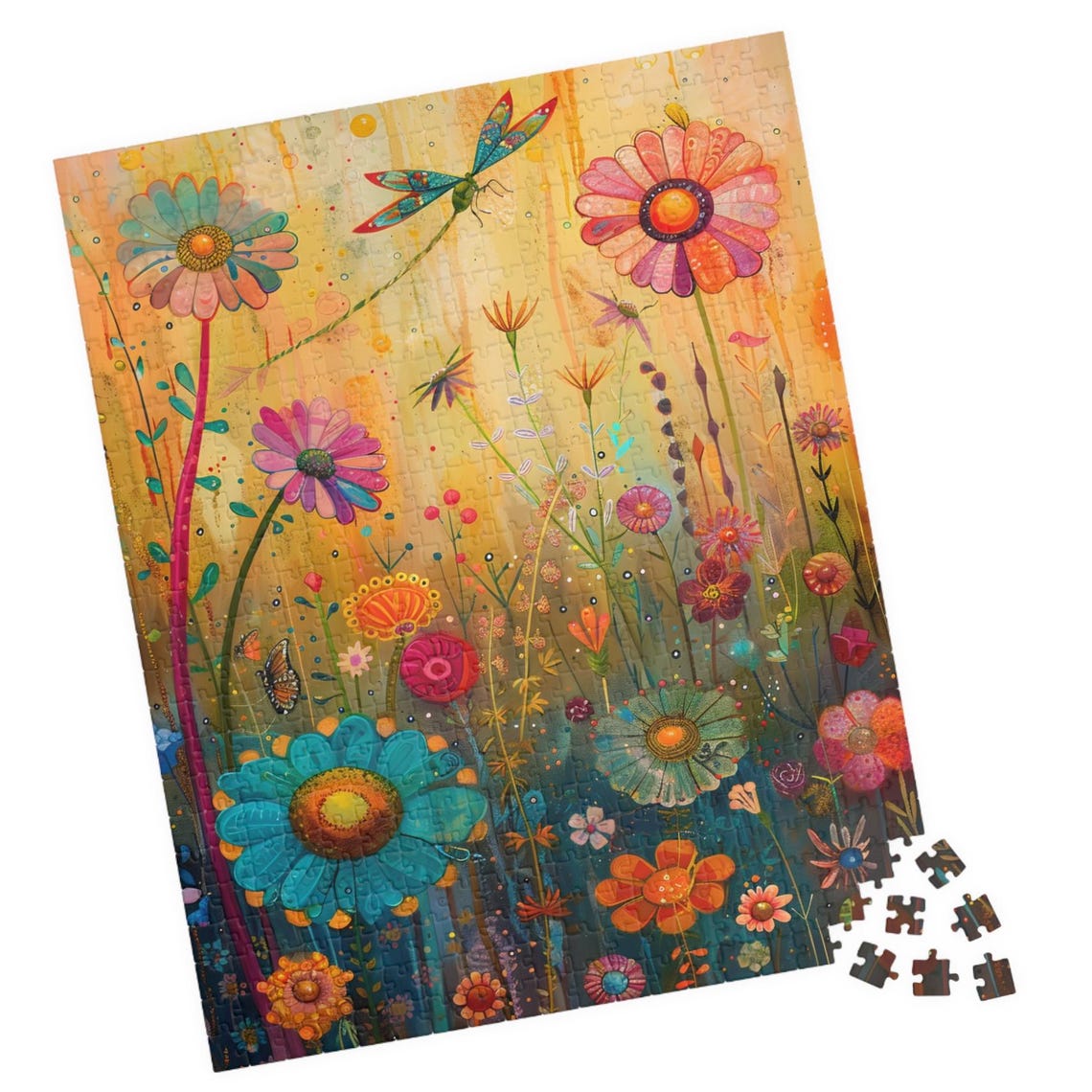 Wildflower Field with Dragonfly and Butterfly Sunny Meadow Poster