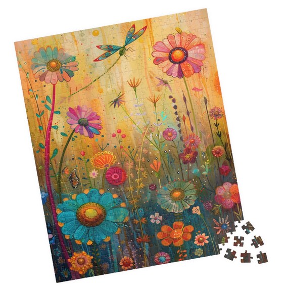 Simple Field Of Flowers Vi Puzzle Dragonfly And Wildflowers Watercolor Jigsaw Great Gift For Birthdays Paitents And Nursing Homes