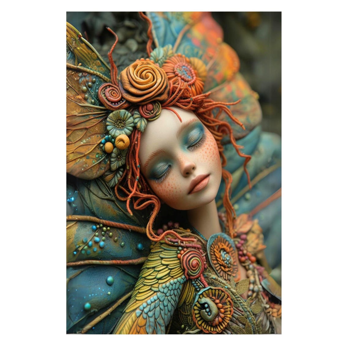Sleeping Forest Fairy Portrait Teal Wings Flower Crown Dream Poster - Image 3