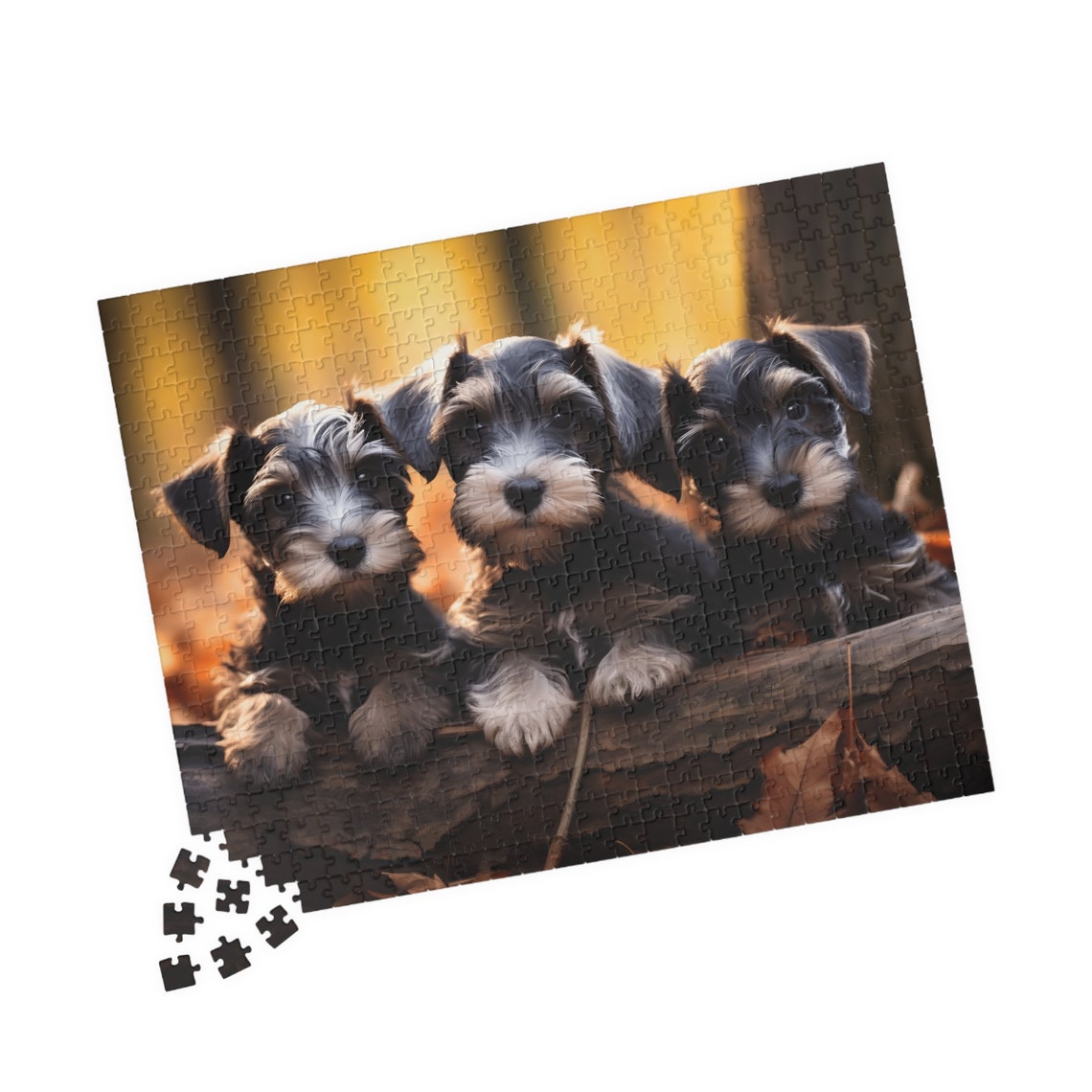 Three Salt and Pepper Schnauzer Puppies on a Log Autumn Poster - Image 4
