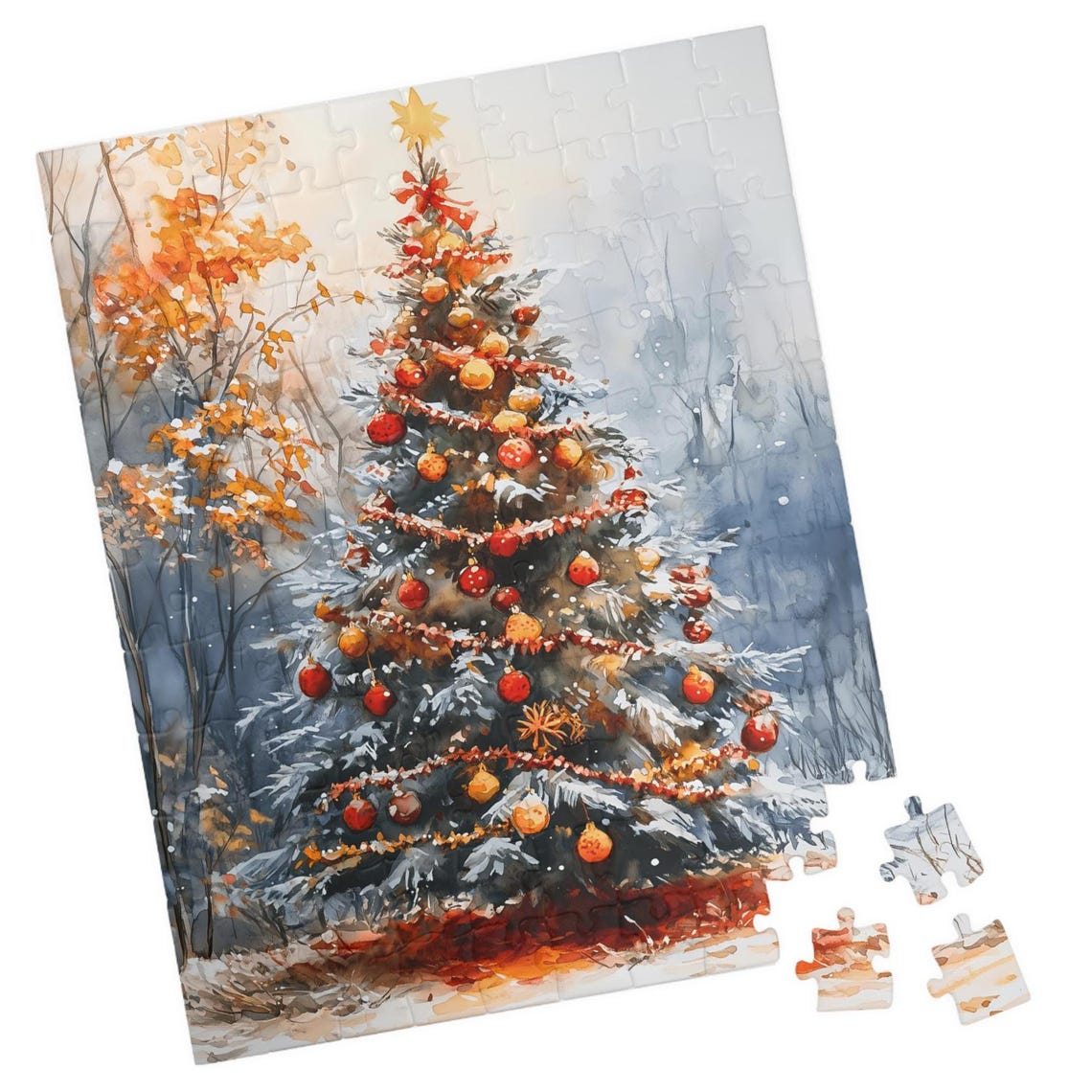 Snow Dusted Christmas Tree With Red And Gold Ornaments Art Print