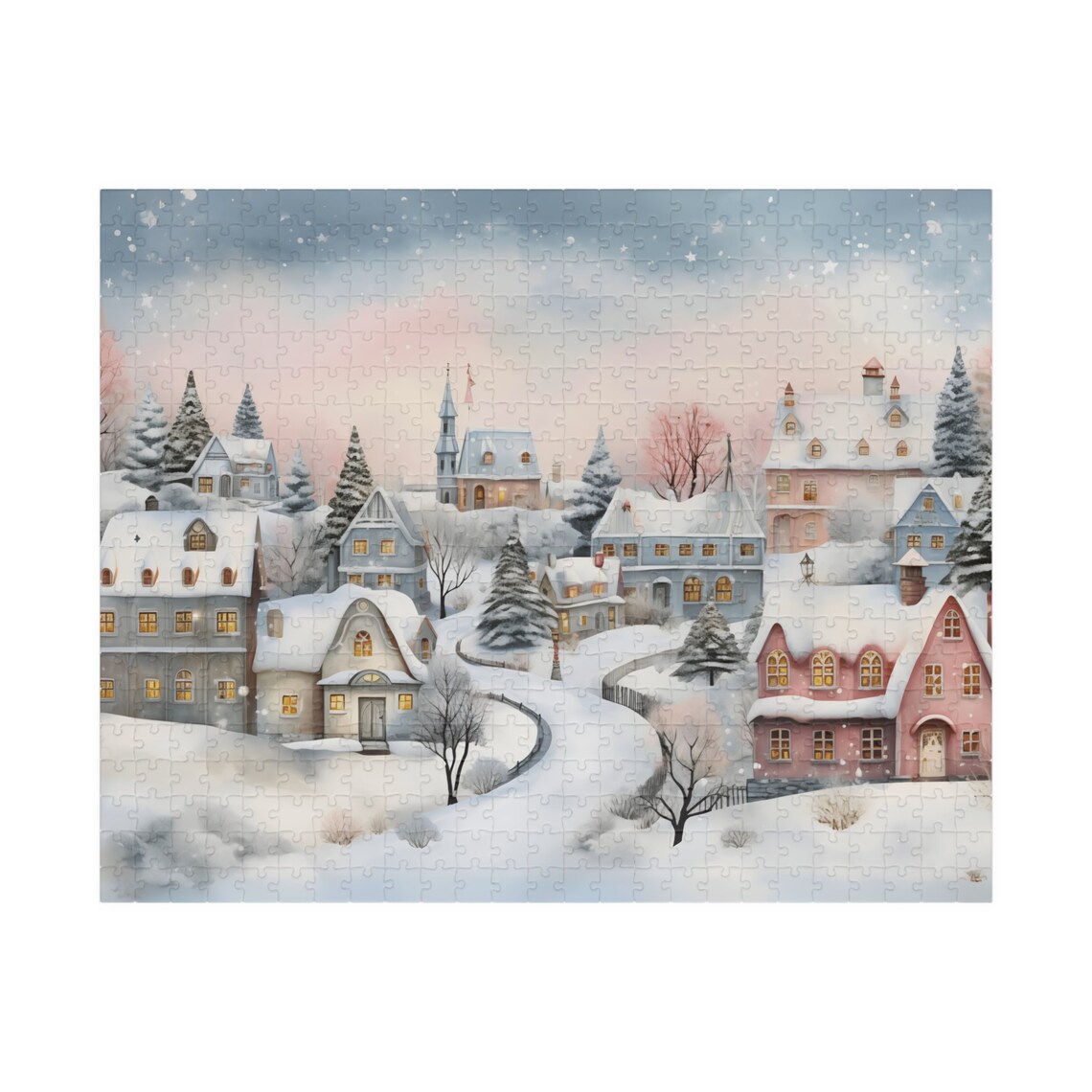 Snowy European Village Pastel Houses Church Winter Art Poster - Image 5