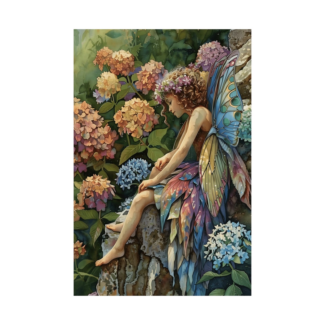 Hydrangea Fairy Sitting Stone Wall Blue Wings Floral Art Poster - Image 3