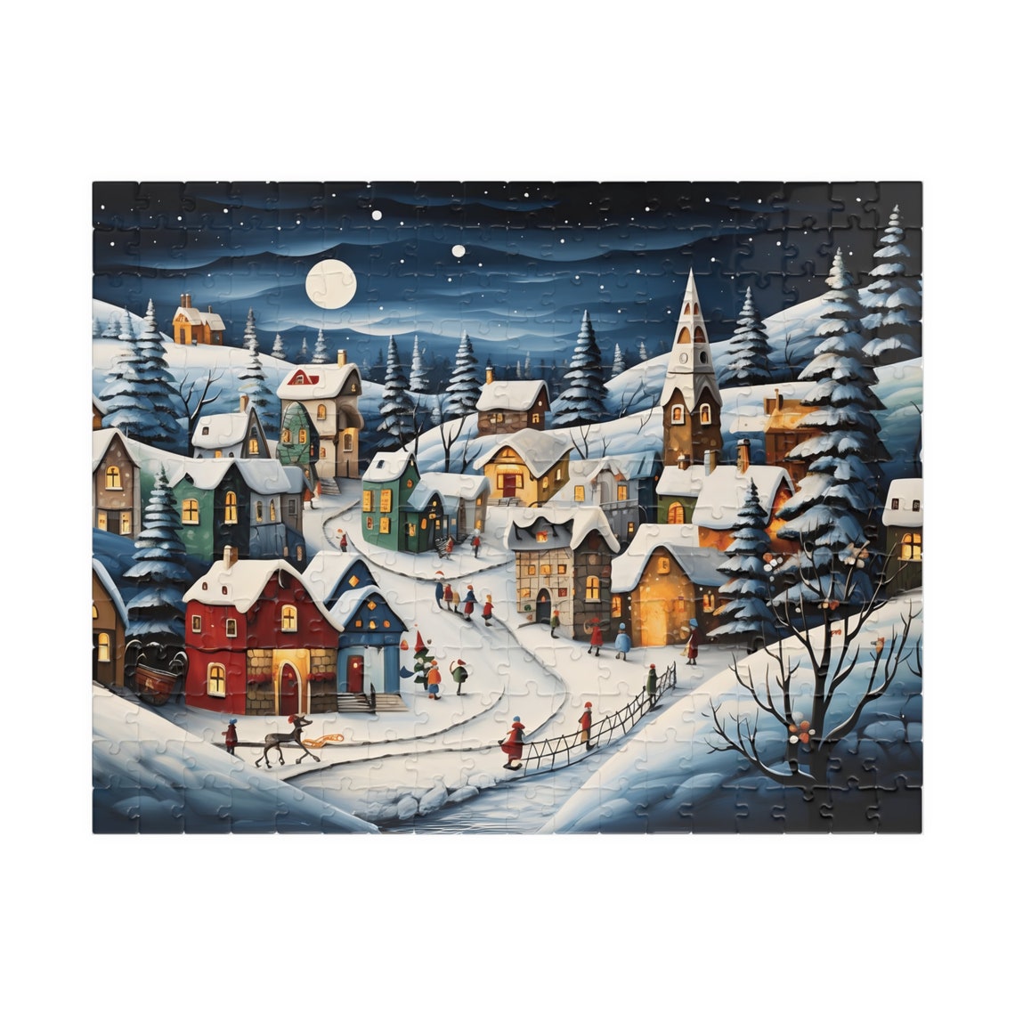 Moonlit Winter Village Folk Art Glowing Cottages Snowy Night Poster - Image 2