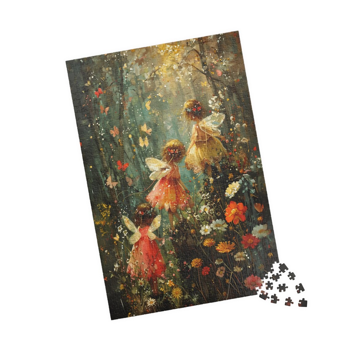 Three Woodland Fairies in a Flower Forest Watercolor Art Poster - Image 4