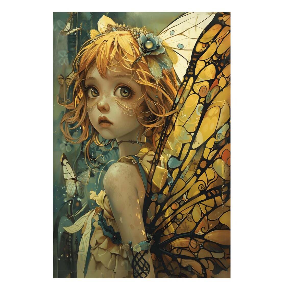 Orange Haired Fairy Girl With Stained Glass Butterfly Wings Art Poster - Image 3