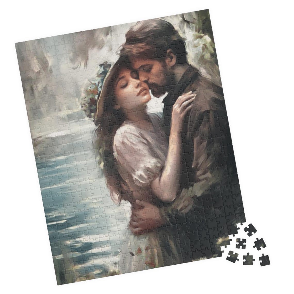 Tender Romantic Couple Sharing An Embrace By Water Art Poster