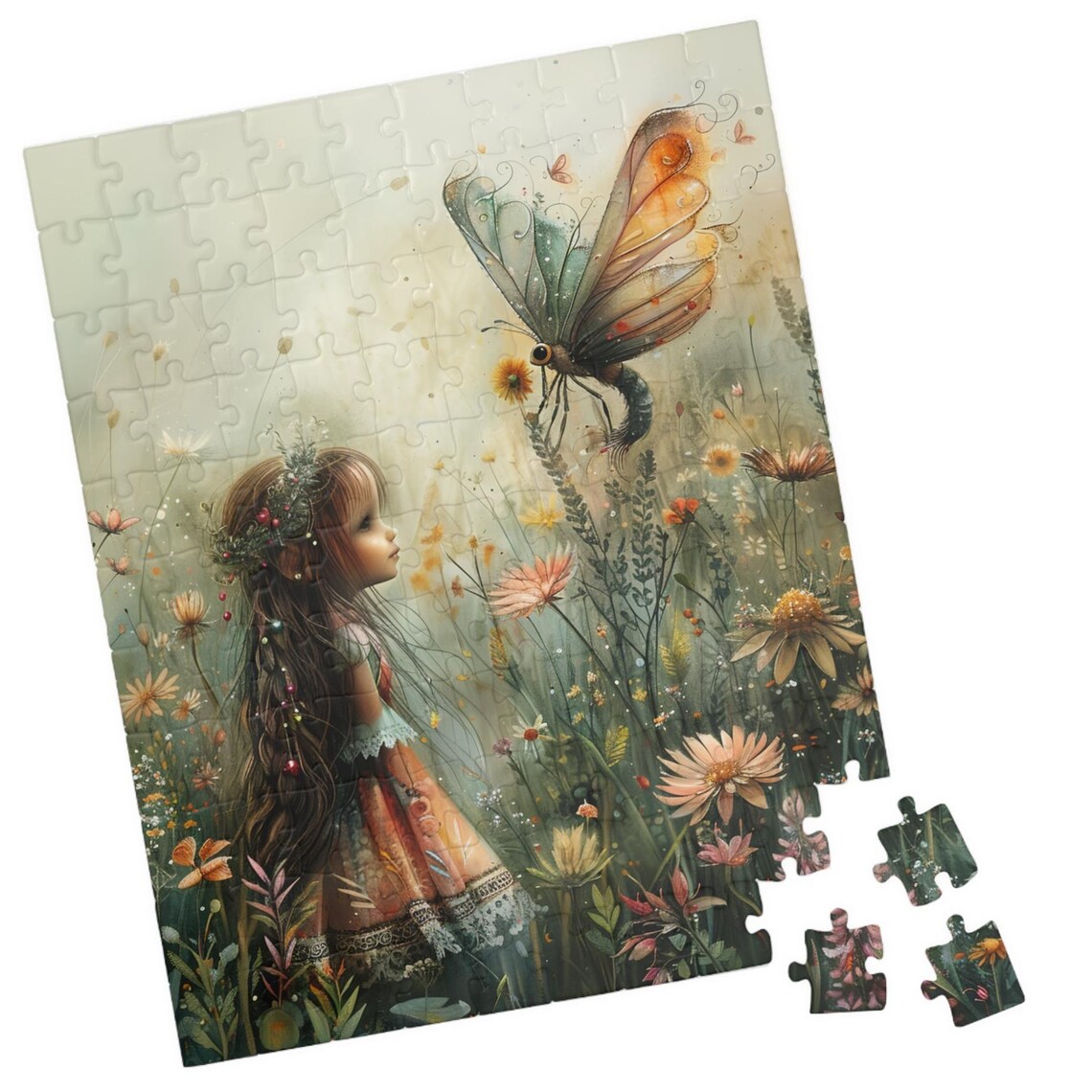 Dreamy Girl Among Wildflowers With Giant Butterfly Art Poster