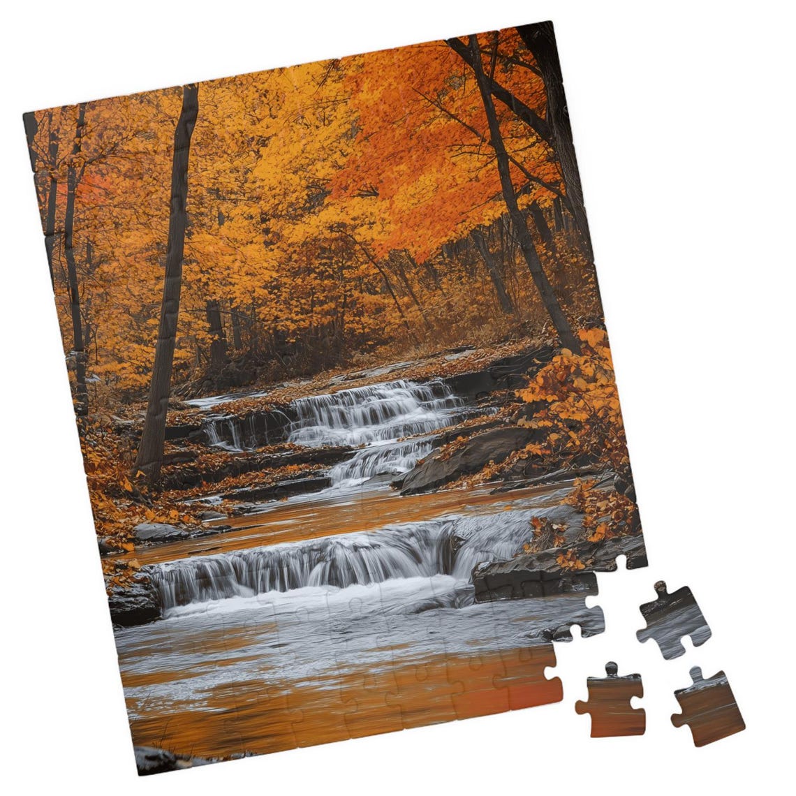 Forest Stream in Autumn Golden Waterfall Through Fallen Leaves Poster