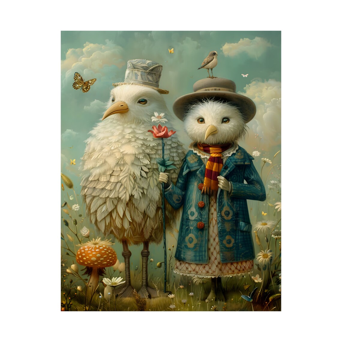 Two Fancy White Birds in Victorian Clothes in Wildflower Meadow Poster - Image 4