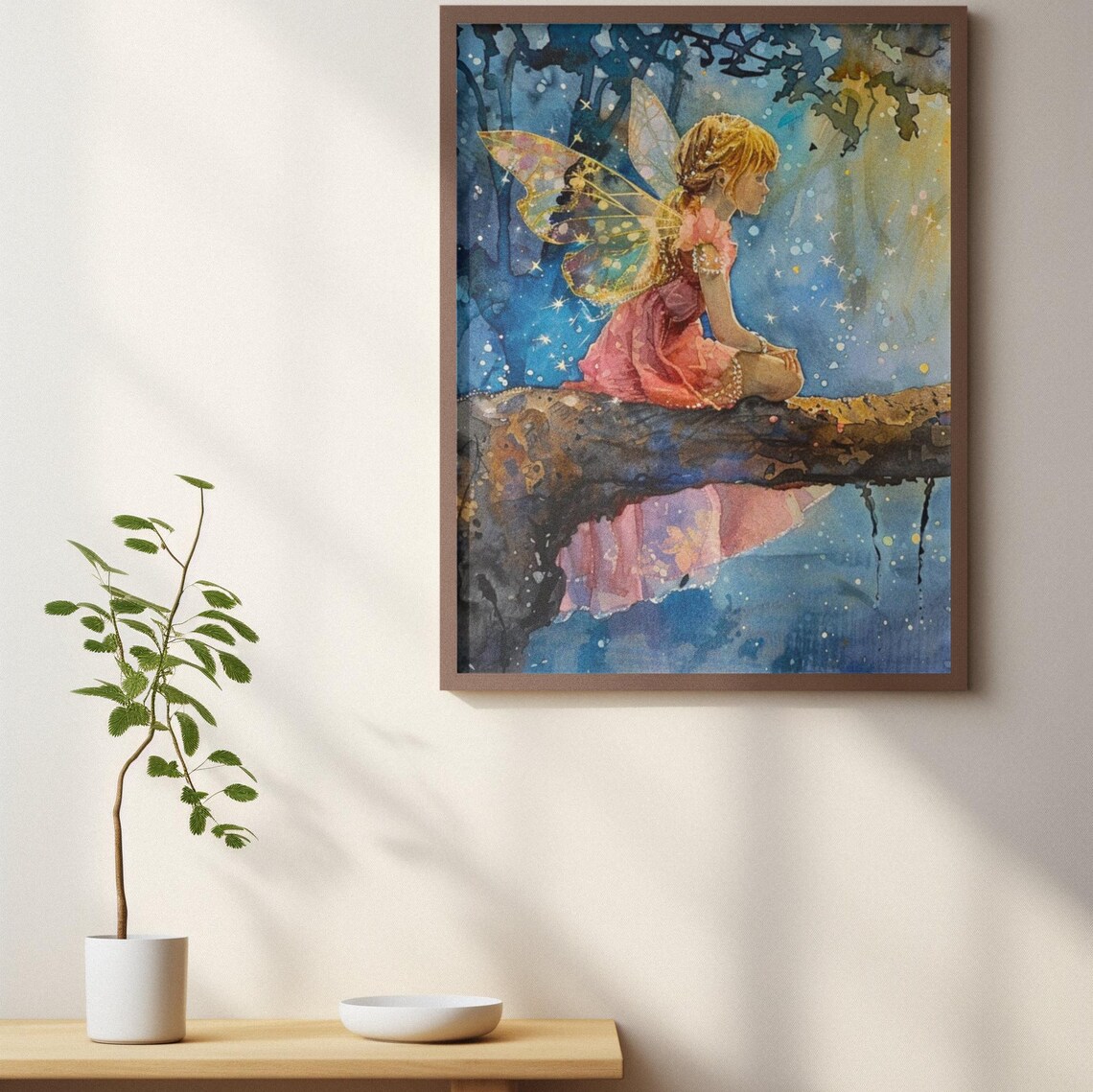 Starry Forest Fairy Girl Watercolor Moonlit Pond Night Scene Poster - Image 2