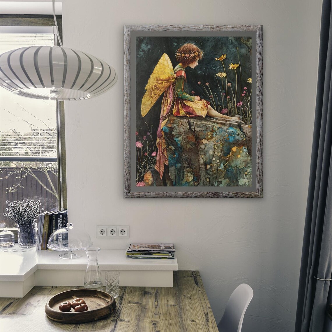 Golden Winged Fairy Sitting on a Rock at Twilight Watercolor Poster - Image 2