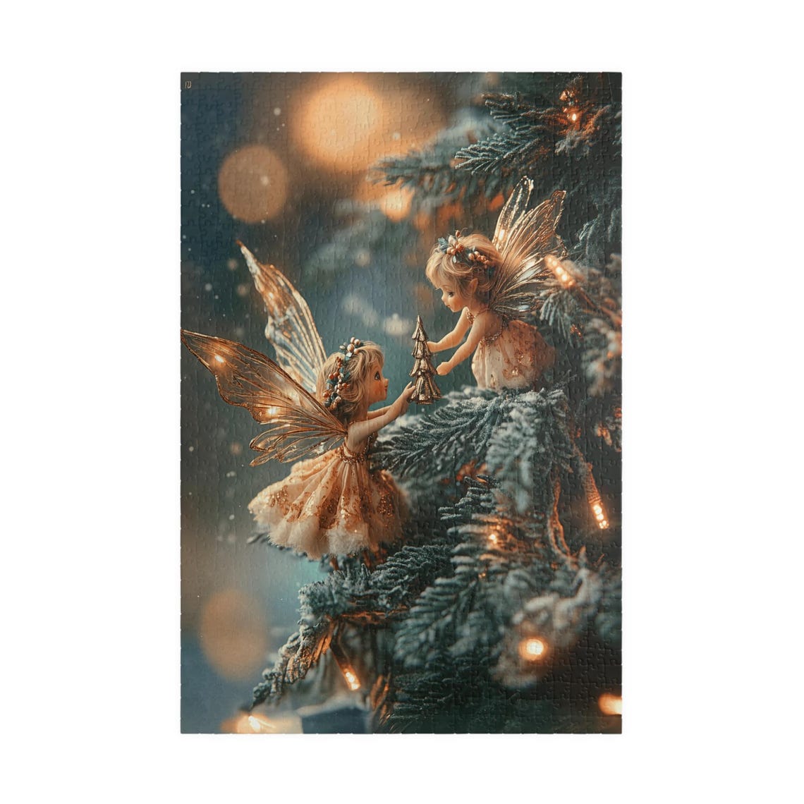 Two Tiny Fairies Hanging An Ornament On A Snowy Tree Art Print - Image 3