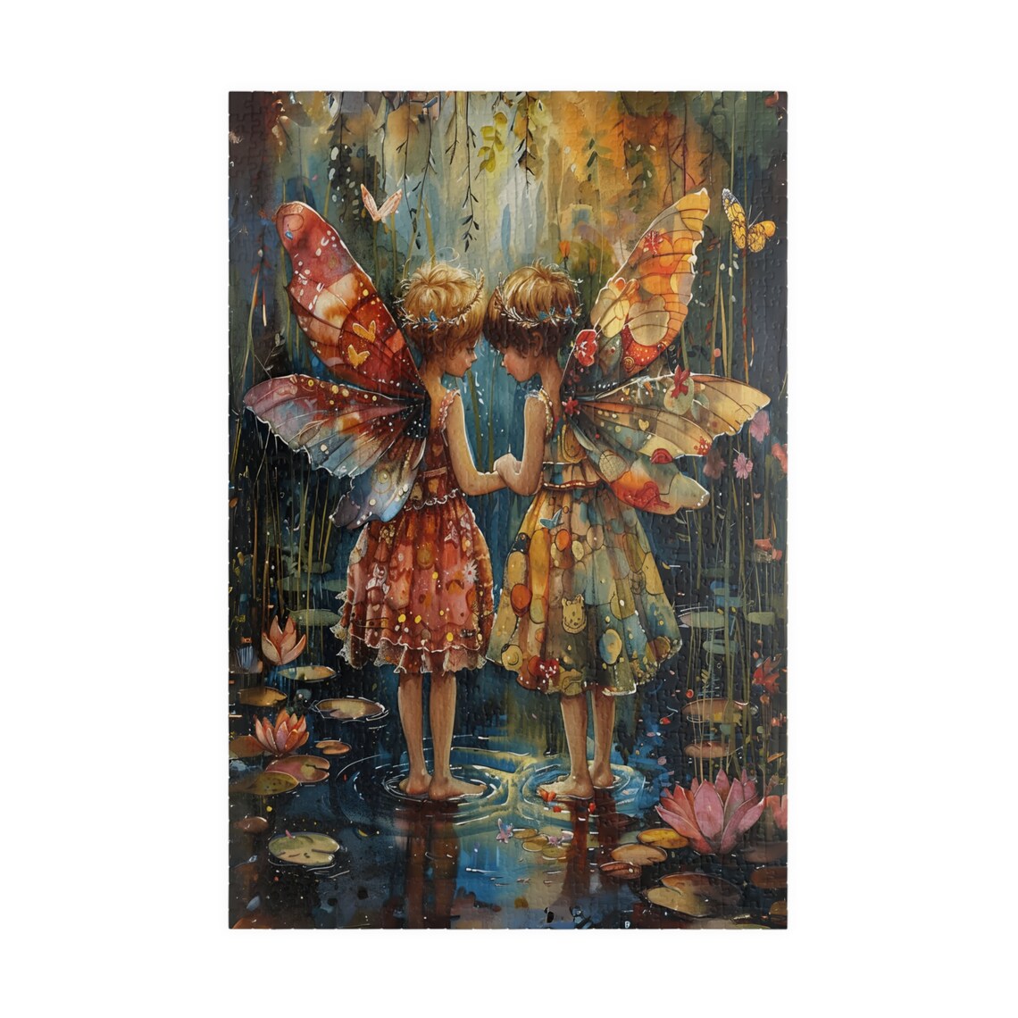 Two Little Fairies Pond Lily Pads Colorful Wings Watercolor Poster - Image 3