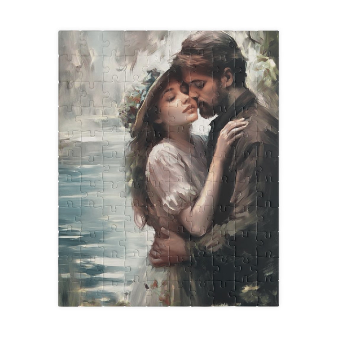 Tender Romantic Couple Sharing An Embrace By Water Art Poster - Image 2