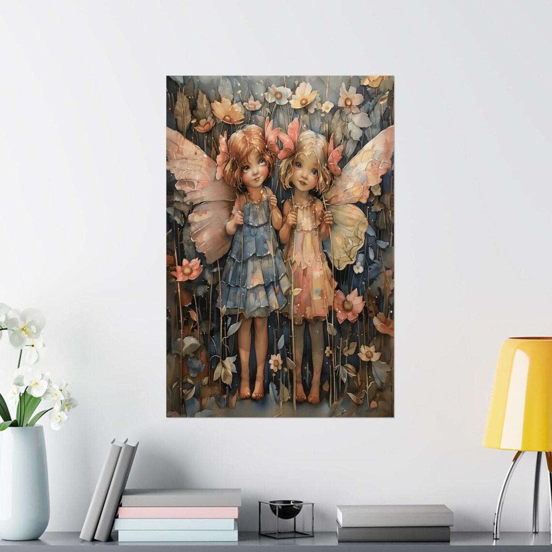 Two Little Pastel Fairies with Butterfly Wings Watercolor Poster