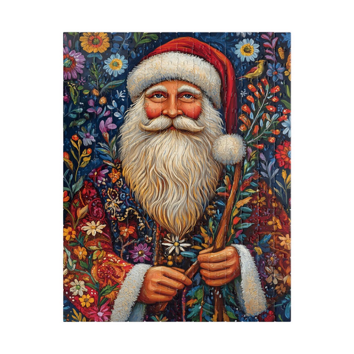 Santa Claus Portrait Folk Art Flowers Decorative Style Poster - Image 5