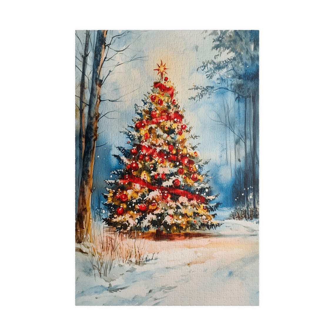 Snowy Christmas Tree With Red Ornaments In Woodland Watercolor Print - Image 3
