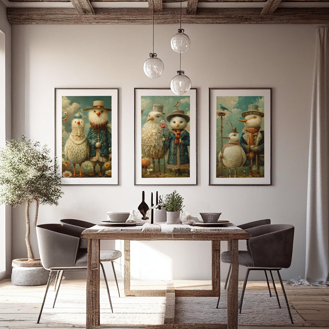 Two Fancy White Birds in Victorian Clothes in Wildflower Meadow Poster - Image 2