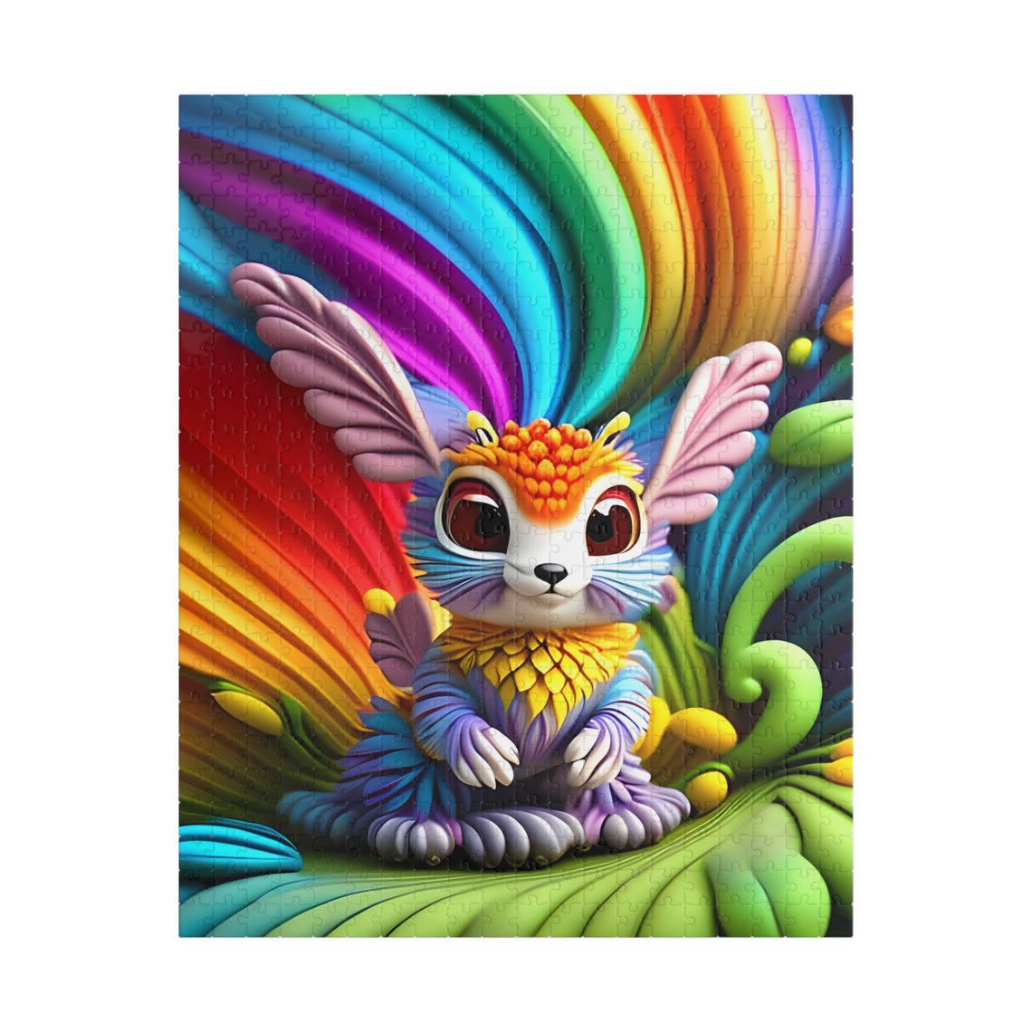 Diversa Rainbow Feather Fantasy Bunny Sitting on Green Leaf Poster - Image 5