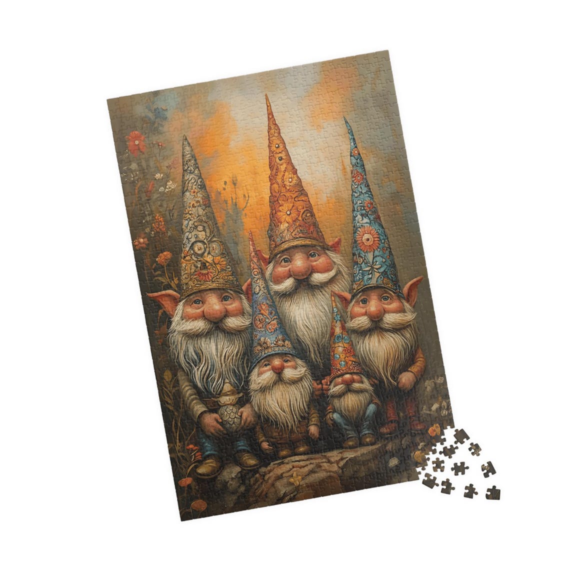 Five Happy Gnomes Colorful Floral Hats Warm Sunset Meadow Poster - Image 4