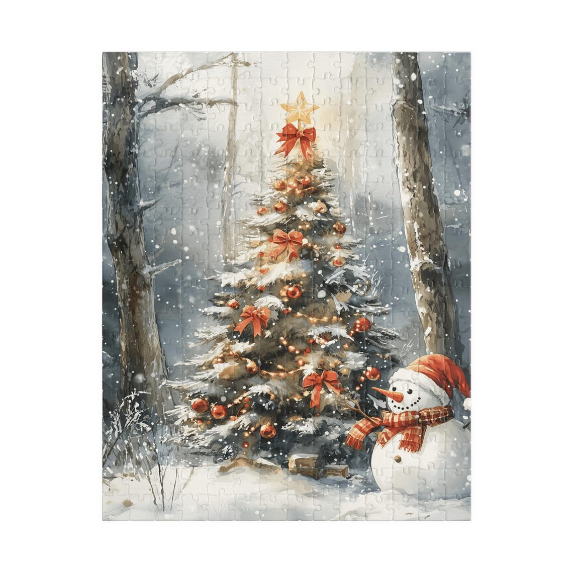 Snowman Peeking From Behind A Decorated Christmas Tree Winter Print - Image 5