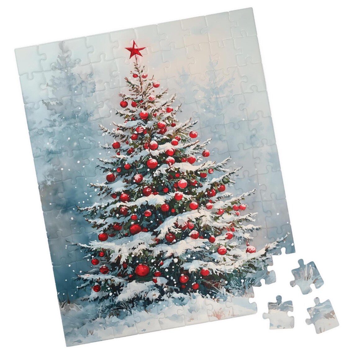 Snowy Christmas Tree With Red Ornaments and Star Topper Wall Poster